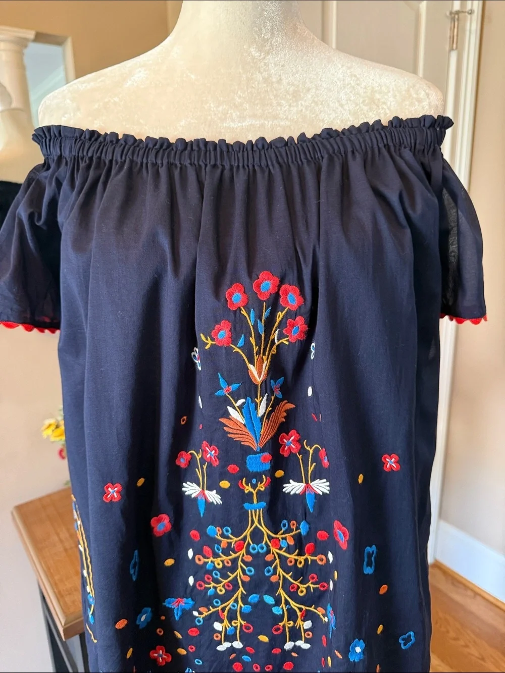 Tory Burch Embroidered On or Off Shoulder Peasant Tunic Dress Navy Size Small